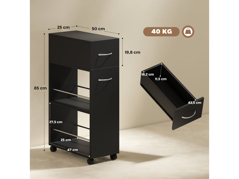  Desserte de cuisine à roulettes avec 1 tiroir et 2 étagères noir 50 x 25 x 85 cm  - Conforama C