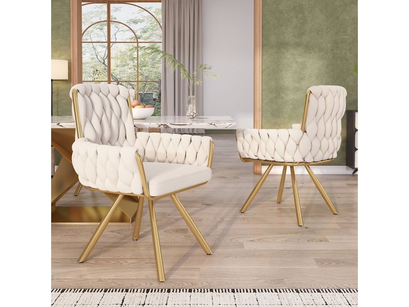  Chaise de salle à manger lot de 4, velours beige chaise rembourrée, rotation 360°, dossier et accoudoirs, structure métal  - Conforama E