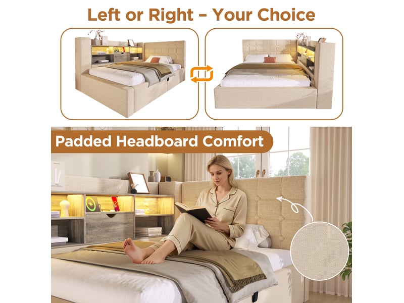  Lit coffre 90x190 cm, rangement hydraulique, led intégrée, prises usb, tête en l, lin, bois, métal, beige, sans matelas  - Conforama E