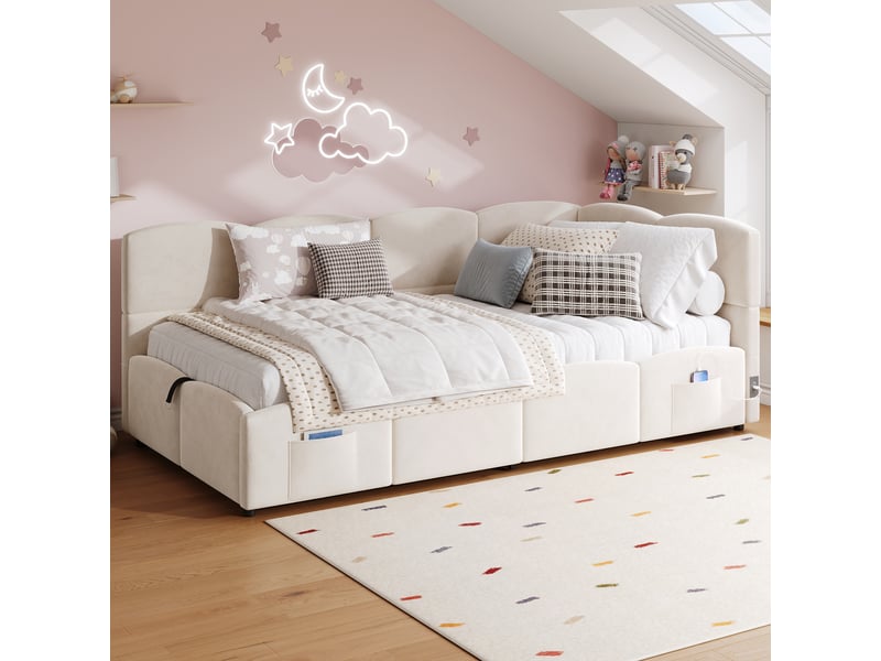  Lit coffre rembourré 90x200cm coloris beige velours lit enfant beige - Conforama D