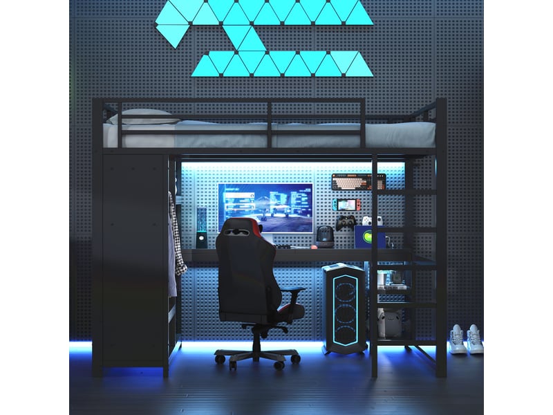 Lit mezzanine gaming 140x200 cm noir, avec bureau, led, rangements, penderie ouverte, structure métal, sommier inclus, sans matelas - Conforama R