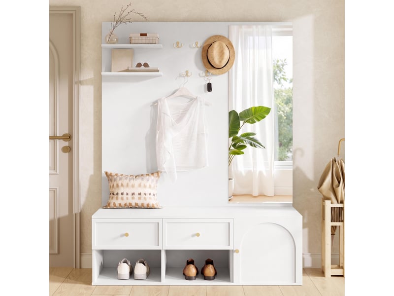  Vestiaire d'entrée  - 120x35x159cm - meuble 6-en-1 avec miroir, tiroirs et banc à chaussures - blanc  - Conforama D