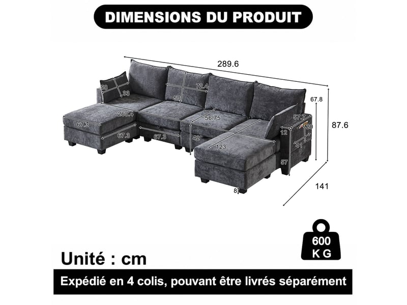  Canapé d’angle en chenille, forme u, ottomane rangement, 6 places avec méridienne, 87,6x289,6x141 cm, gris  - Conforama C