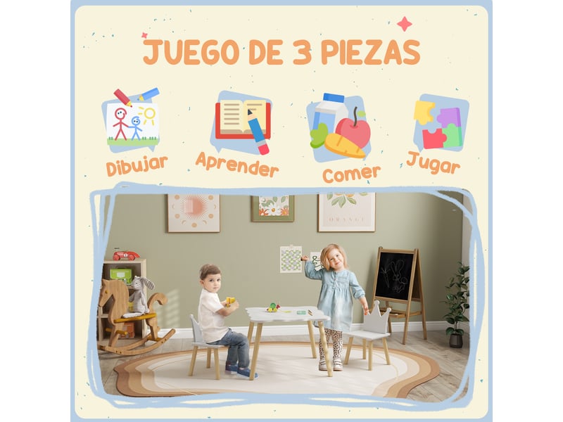  Ensemble table et 2 chaises pour enfants avec dossier en forme de couronne pour lire et dessiner, 60 x 60 x 44 cm, blanc et bois  - Conforama E