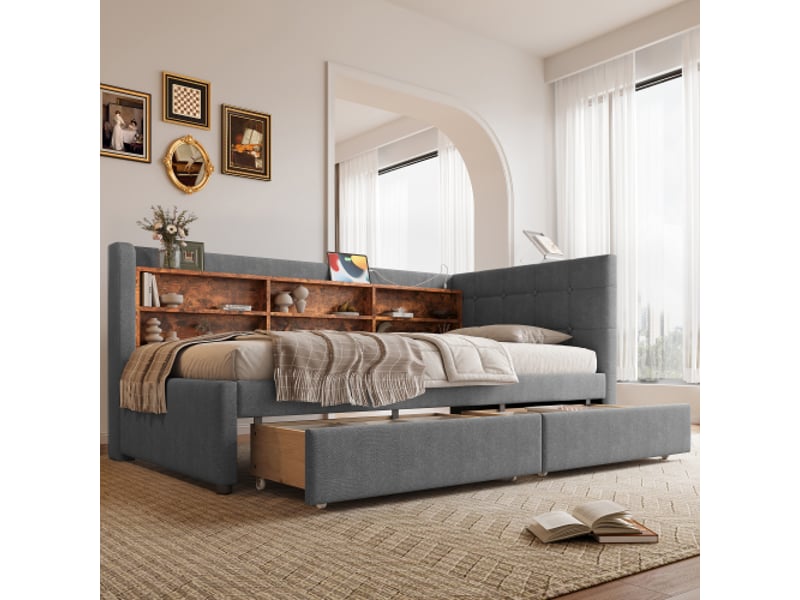  Lit avec rangement rembourré 90x200cm coloris gris lin lit enfant gris - Conforama D