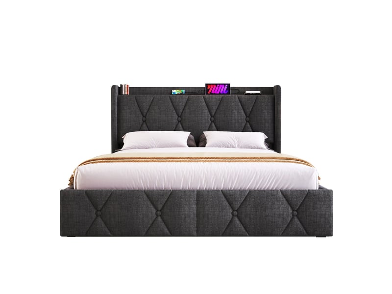  Lit 140x200 cm en tissu gris, tête de lit avec ports usb et 4 tiroirs de rangement pratiques  - Conforama E