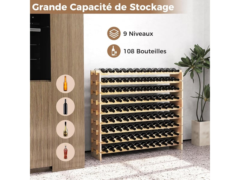 Casier à bouteilles pour 108 bouteilles, range bouteille vin avec 9 étagères,pour bars, sous-sols, 119 x 29 x 108cm, bois naturel  - Conforama B