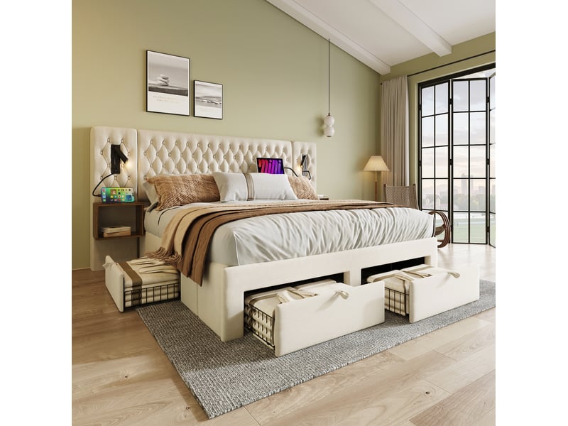  Lit double 180 x 200 cm beige en velours avec 2 chevets, 4 tiroirs, liseuses et ports usbtype-c  - Conforama C