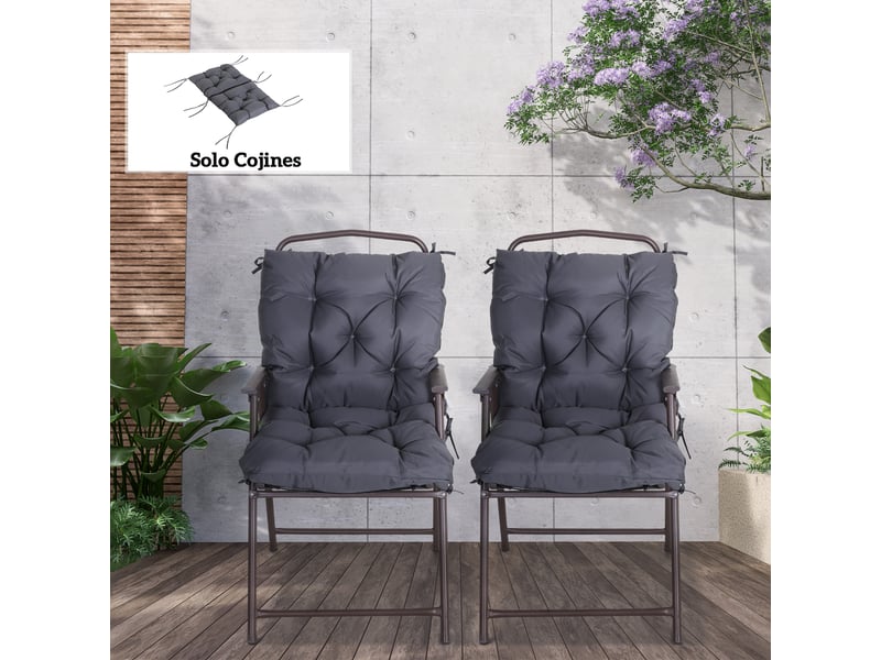  Lot de 2 coussins de chaise 50 x 98 x 8 cm avec dossier et 6 cordons de fixation, pour jardin, terrasse ou balcon, gris foncé.  - Conforama D