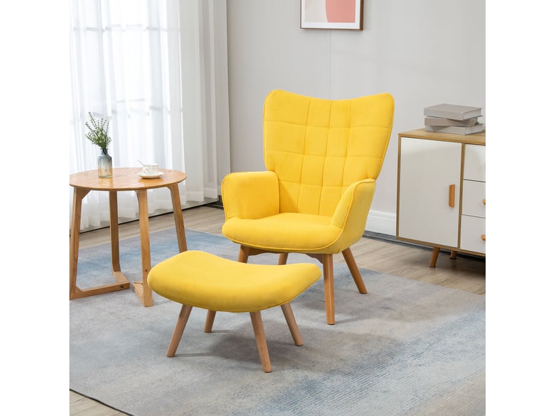  Fauteuil d'appoint avec repose-pieds, fauteuil inclinable aspect velours côtelé, fauteuil à pieds en bois, pour salon, jaune  - Conforama D