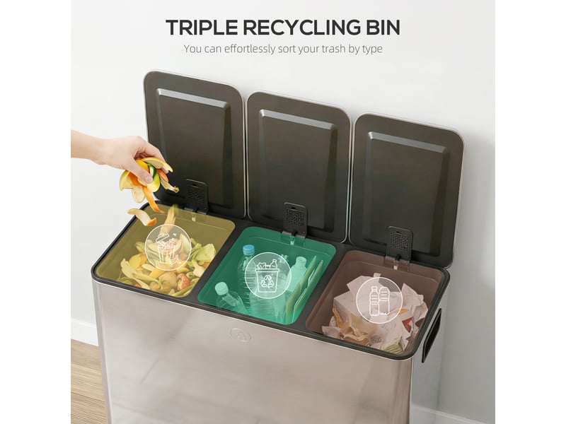  Poubelle de tri sélectif 3 x 20 l en acier argenté 61,9x36,6x56,7 cm  - Conforama D