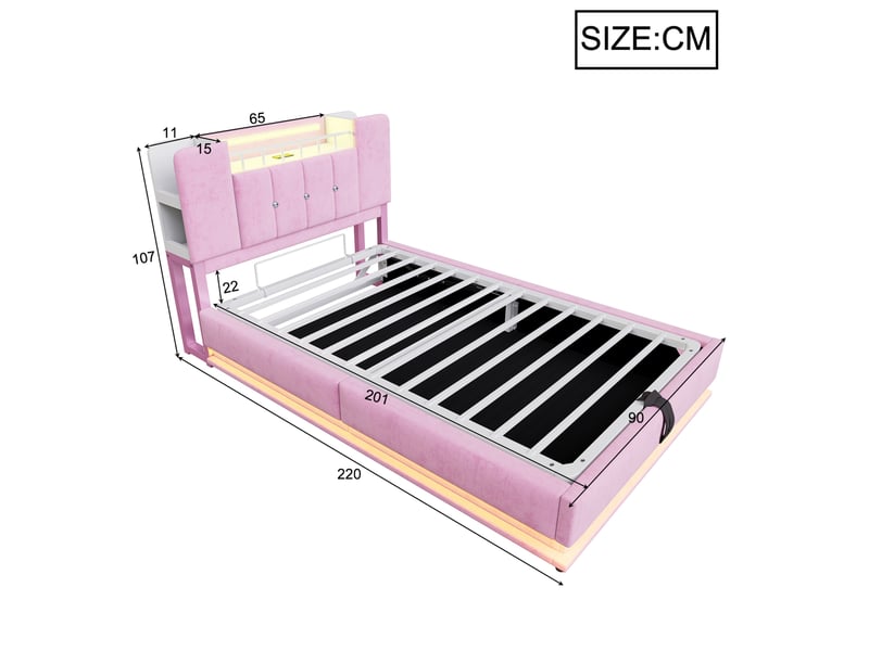  Lit enfant 90 x 200 cm rose avec led, port usb et rangement hydraulique  - Conforama E