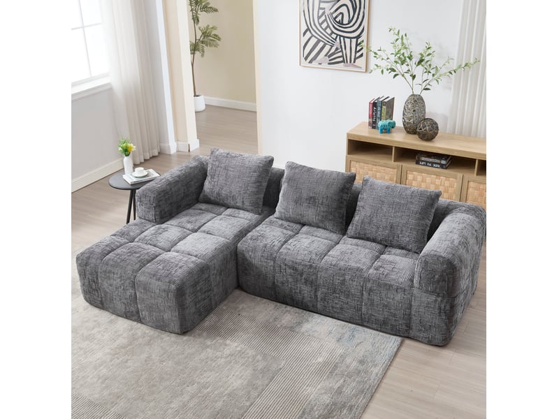  Canapé d'angle réversible 3 places en tissu gris avec méridienne, poches latérales et 3 coussins confortables  - Conforama B