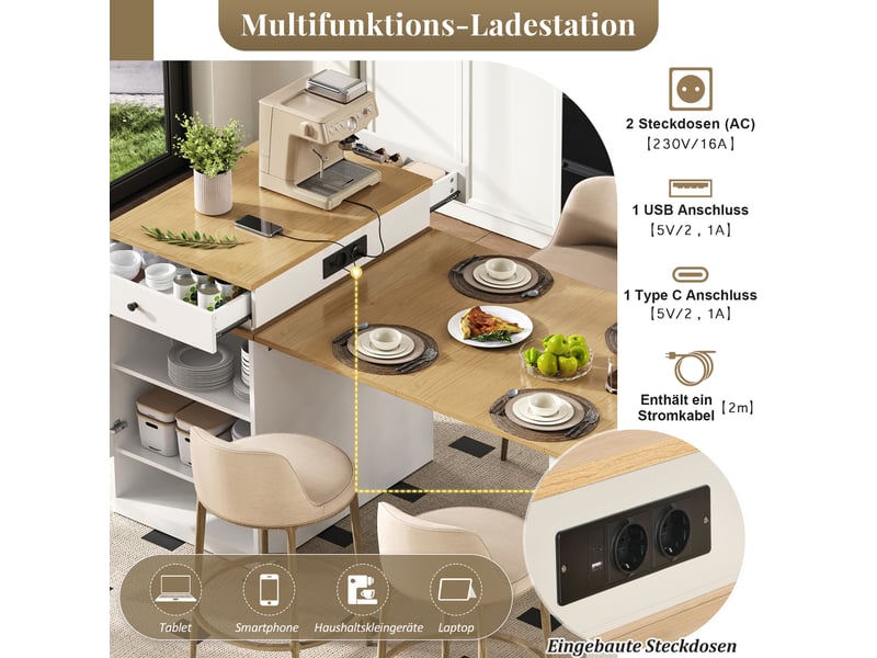  Îlot de cuisine, desserte extensible avec plateau amovible, multiprises et tiroirs, effet bois, mdf et verre, naturel et blanc  - Conforama E