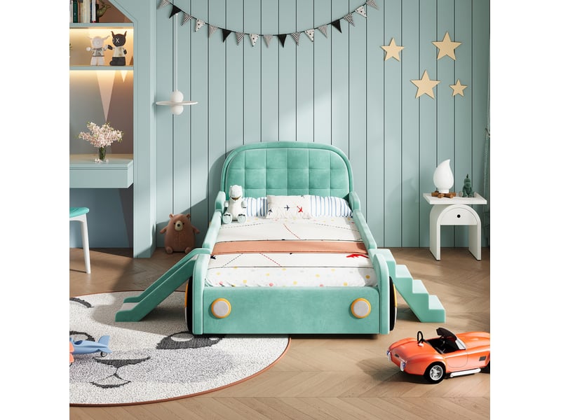  Lit enfant voiture avec toboggan et escalier, bleu-vert, 90 x 200 cm  - Conforama D