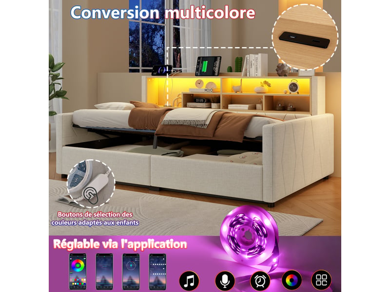 Canapé-lit coffre 90 x 200 cm - avec prise électrique - avec port usb - avec bande lumineuse led - beige (matelas non inclus) - Conforama W