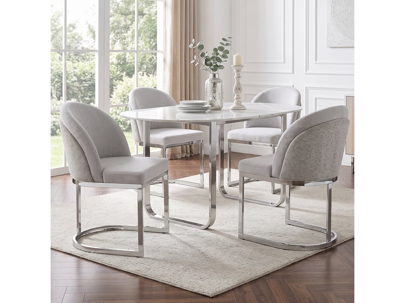  Lot de 6 chaises de salle à manger à double dossier  - pieds métal chromé, chenille gris et argent  - Conforama B