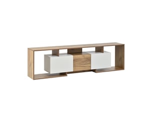 Meuble tv 180 cm, 6 rangements, pour écran jusqu’à 85 pouces, blanc et bois naturel