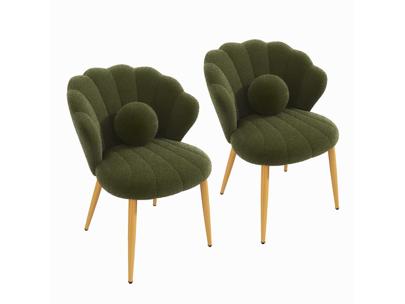 Lot de 2 chaises de salle à manger 60x62,5x83 cm, dossier coquillage, coussins ronds, tissu peluche, vert - Conforama A