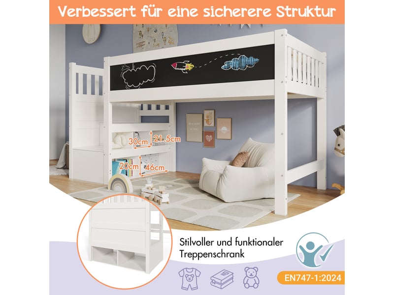 Lit mezzanine enfant 90x200 avec tableau blanc et barrière de sécurité, escalier réversible, bois blanc - Conforama D