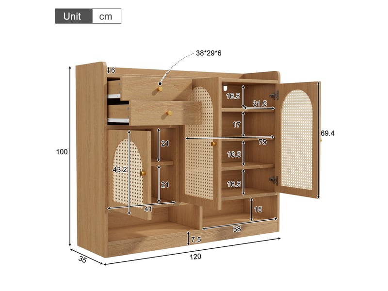  Meuble à chaussures 120x35x100 cm, 3 portes effet rotin et led, naturel  - Conforama C