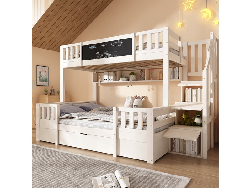Lit superposé enfant 90x200 et 140x200 cm – blanc – escalier-rangement, tableau et tiroirs intégrés - sans matelas - Conforama B