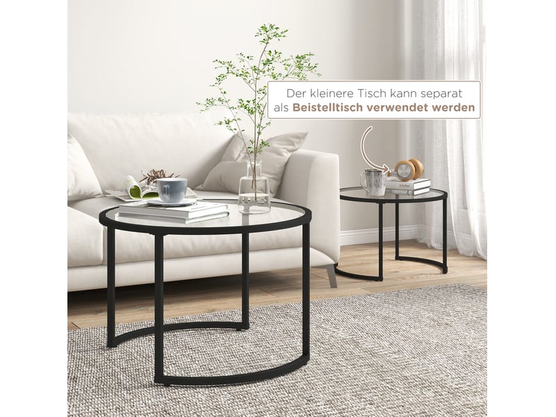  Set de 2 tables d'appoint rondes empilables avec plateau en verre trempé et pied en acier noir pour salon et salon  - Conforama D