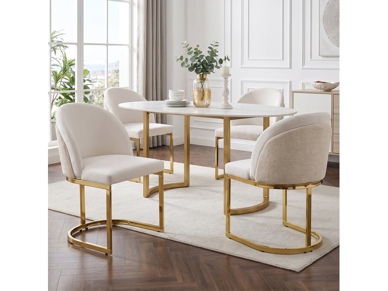 Lot de 4 chaises de salle à manger avec dossier double et rembourrage, en chenille beige et métal doré - Conforama B