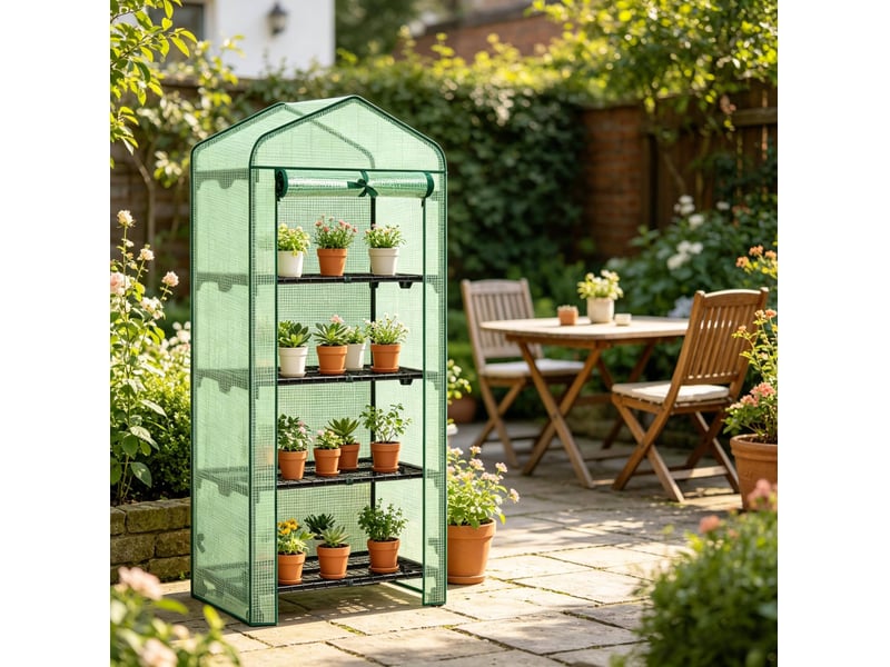  Serre de jardin 70x50x163 cm sur roulettes à 4 niveaux en maille métallique verte  - Conforama C