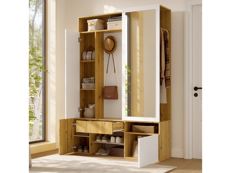  Vestiaire d'entrée 127x35x180,5 cm avec miroir, meuble d'entrée mdf avec penderie, range-chaussures et rangements, armoire de couloir - blanc et naturel  - Conforama D