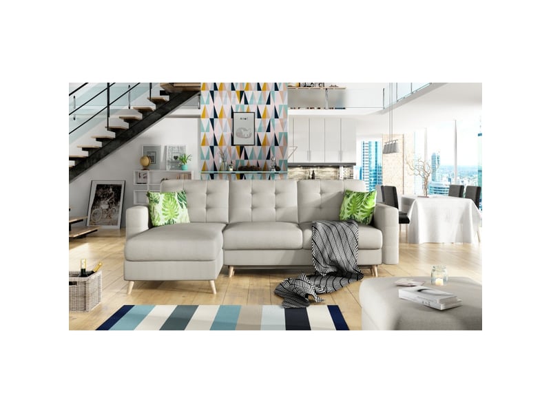 Canapé d'angle convertible hasgard 3 places beige 248x162 cm – coffre et pieds bois  - Conforama B