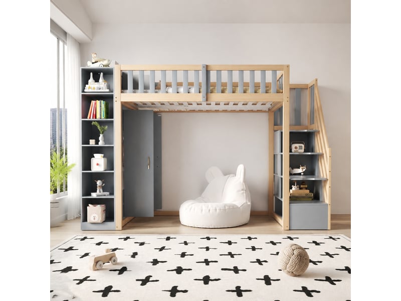  Lit mezzanine enfant 90 x 200 cm avec rangements gris et bois naturel  - Conforama C
