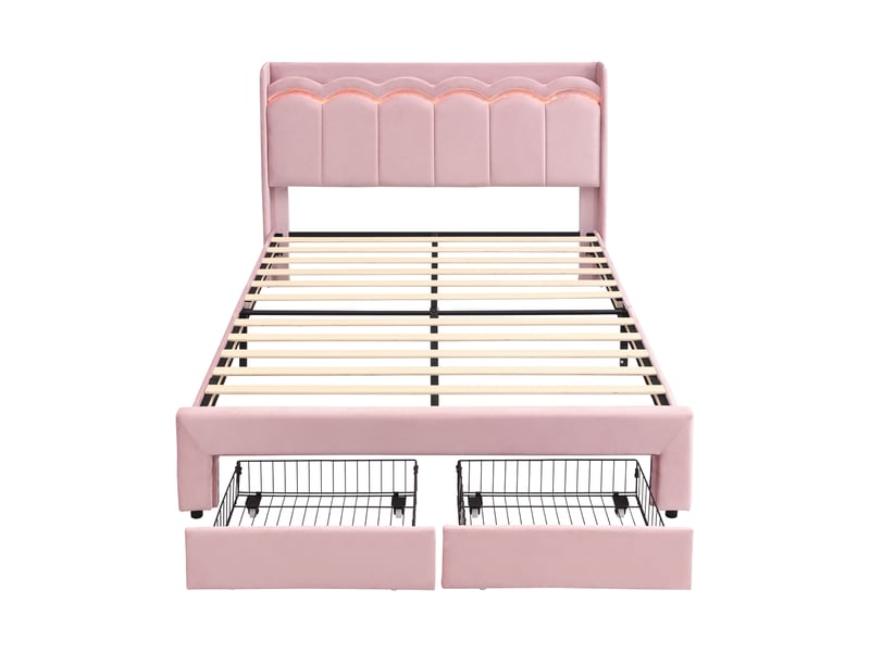 Lit enfant 140x200 cm avec led, tête de lit ondulée avec rangement, 2 tiroirs intégrés, lit rembourré en velours rose OMNIGLINT TRADING LTD - Conforama A