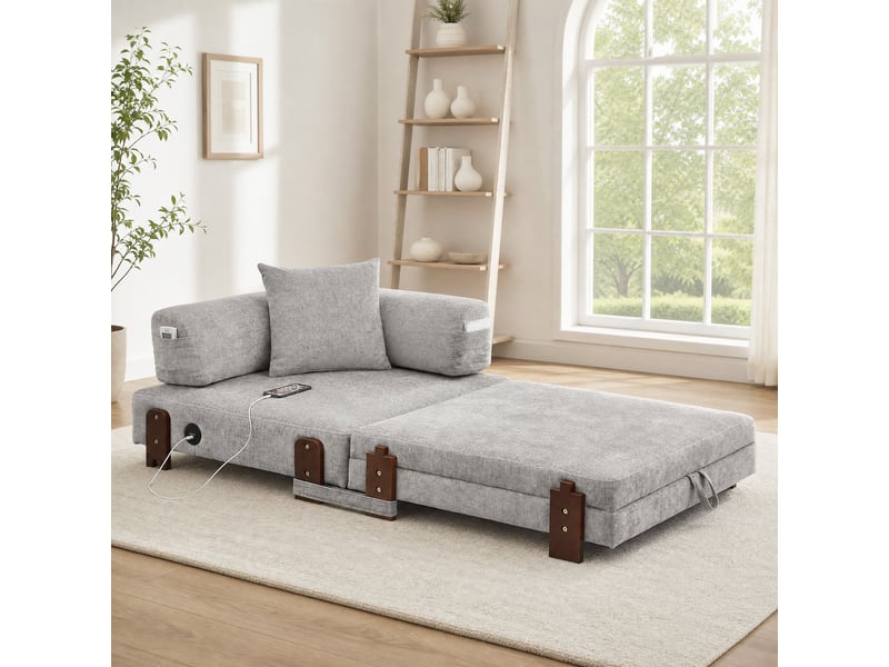 Canapé convertible pliant 2 places avec fonction couchage, coffre, ports usb-c et poches latérales en tissu gris clair  - Conforama B