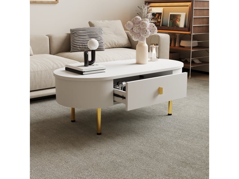  Table basse avec 2 tiroirs, poignées et pieds dorés, coins arrondis, blanc et or  - Conforama D