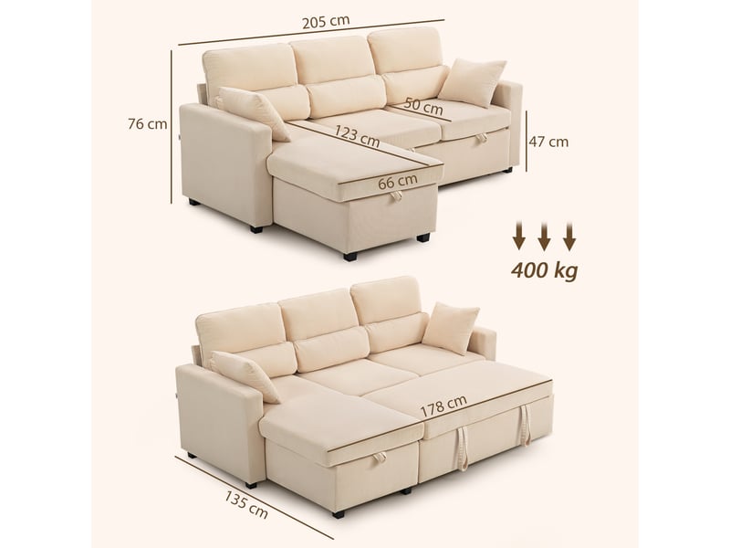  Canapé d'angle convertible en velours côtelé, canapé-lit 3 places avec rangement caché, coussins, beige, 205x135x76cm  - Conforama C