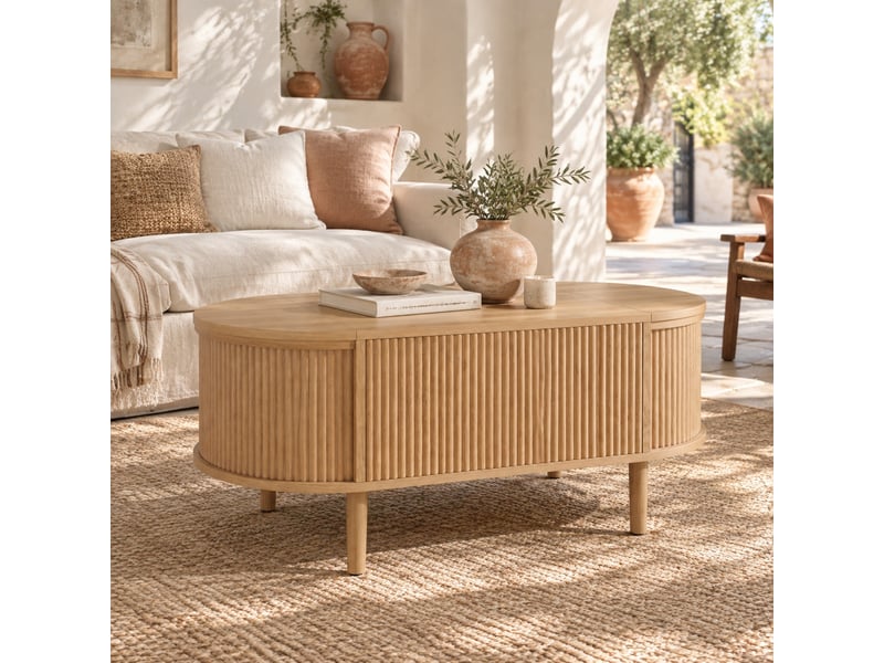  Table basse relevable 100x48x53.5 cm avec rangement, mdf et pieds en bois coloris chêne  - Conforama D