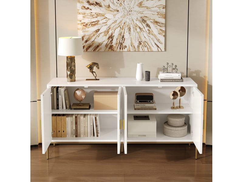  Buffet moderne 162x40x80 cm, portes à motif géométrique, poignées dorées, pieds métal, mdf et panneau de particules  - Conforama D