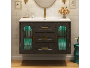 Meuble vasque mural noir 76 cm avec lavabo, porte en verre strié, led et tiroirs