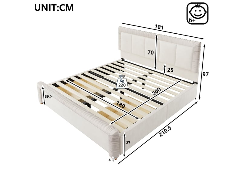  Lit avec tiroirs 180x200 cm, lit double rembourré avec 2 tiroirs de rangement, beige, velours IKSETERA TRADING LTD - Conforama C