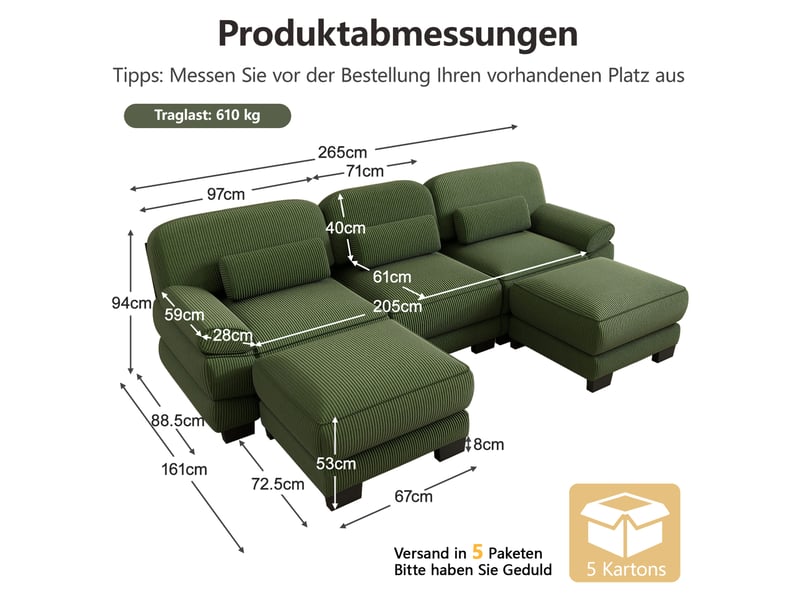 Canapé modulable 3 places 265x161x94 cm, coussins d’assise épais, assise profonde, avec 2 poufs, en velours côtelé, vert - Conforama C