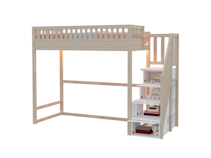 Lit mezzanine 90 x 200 cm - avec échelle de sécurité - avec barrières de sécurité - avec éclairage led - naturel (matelas non inclus)  - Conforama A