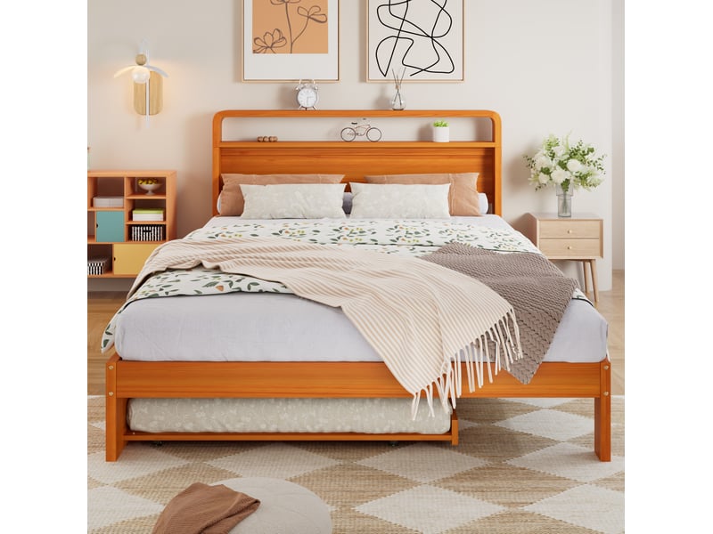  Lit 2 places, 140x200 cm, lit gigogne 90x190 cm, tête arrondie, espace nuit, matelas non inclus, bois, coloris naturel  - Conforama D