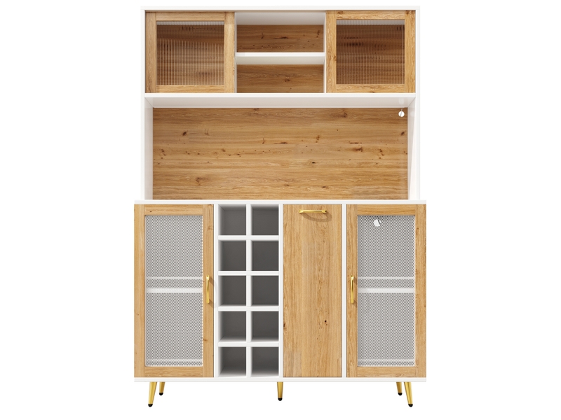 Buffet de cuisine blanc et décor bois, 120x40x180 cm, mdf, led, prise intégrée, casier à bouteilles et rangements - Conforama E