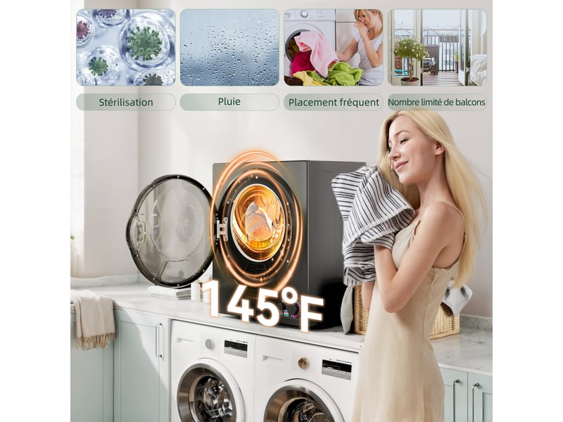 Sèche-linge électrique portable 850w, capacité 33l 4 modes de fonctionnement, acier inoxydable, noir, 49 x 40,5 x 60 cm - Conforama W