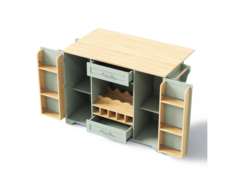  Desserte de cuisine verte 120x4570x92 cm avec plateau rabattable, porte-bouteilles et rangements multifonctions  - Conforama D
