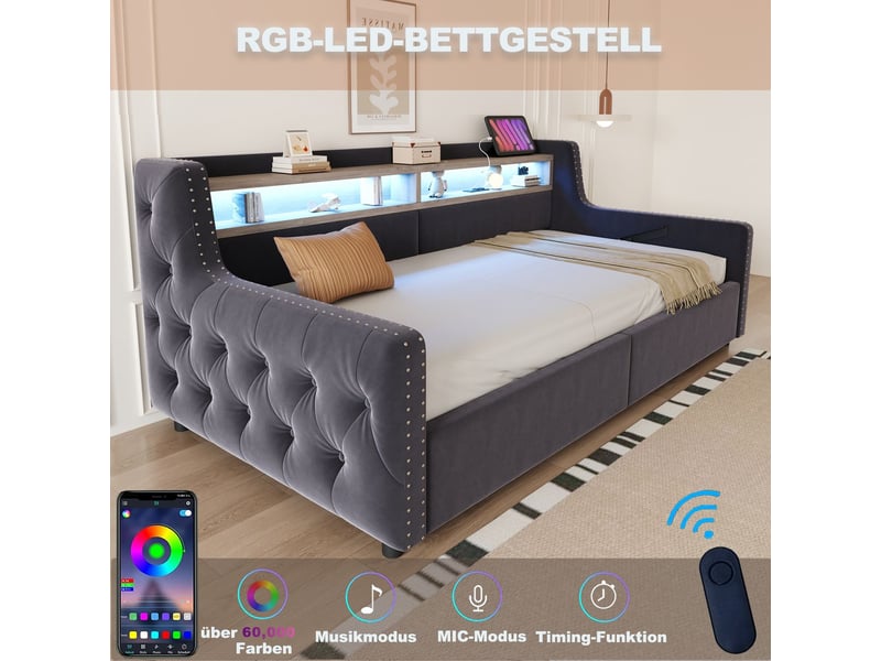  Lit coffre 90x200, rangement intégré lit une personne, ouverture hydraulique assistée, dossier accoudoirs épais, led ports usb  - Conforama E