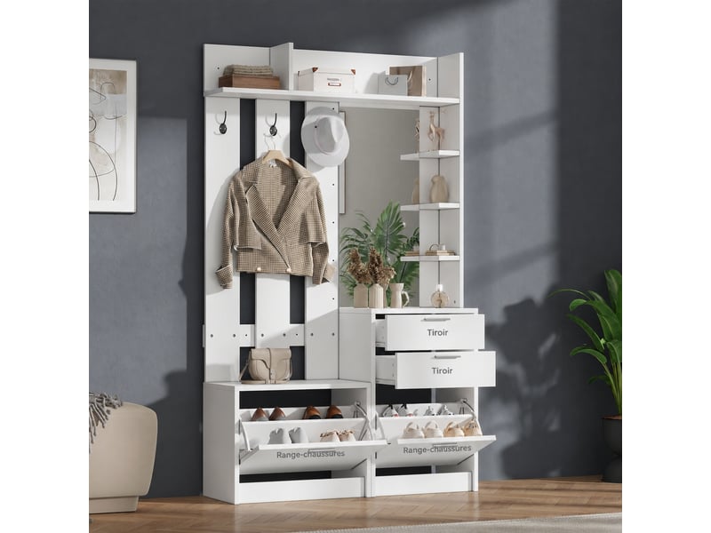  Vestiaire d'entrée blanc avec miroir, 2 meubles à chaussures, 2 tiroirs, 3 patères, mdf, blanc  - Conforama C