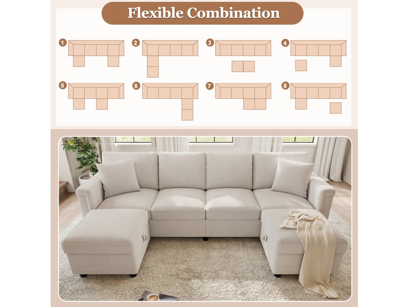  Canapé modulable 261x134x82 cm avec 2 poufs de rangement en chenille beige  - Conforama D
