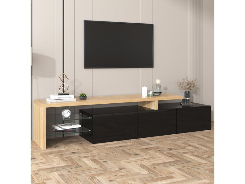  Meuble tv avec 3 placards, étagères en verre et led à 7 couleurs pour salon, en mdf noir et bois 197,5×39×42 cm  - Conforama B